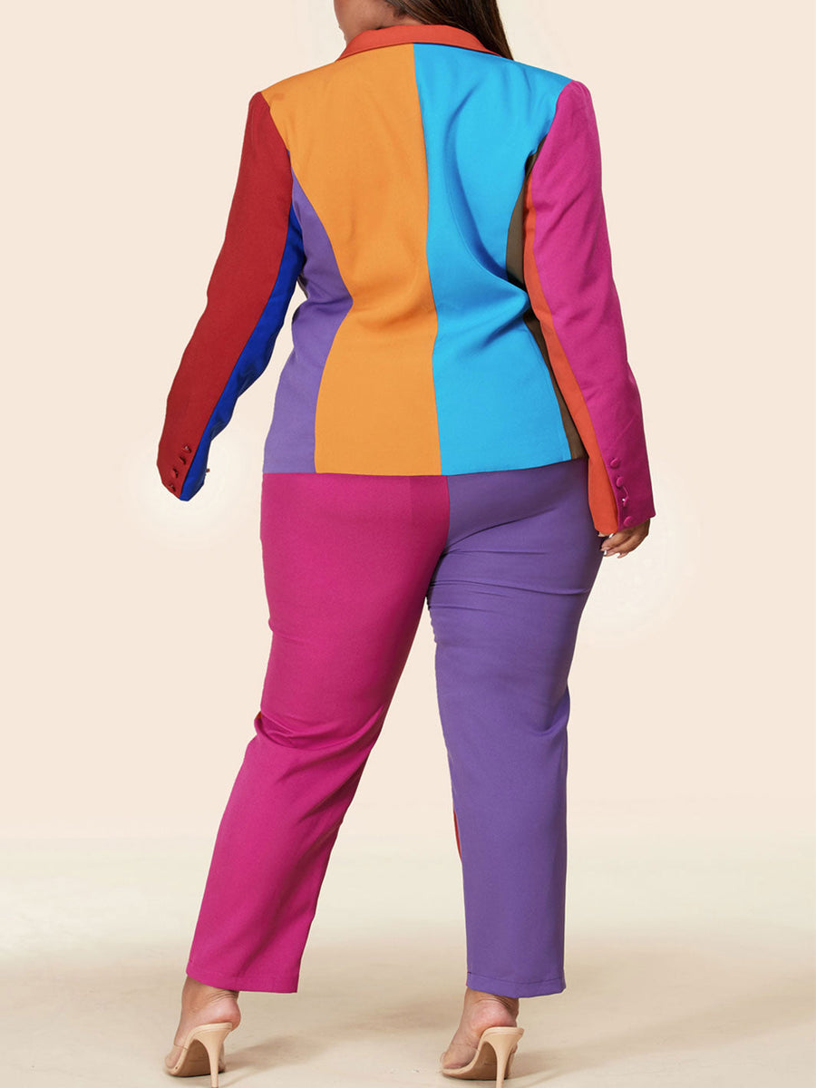 Plus Size Colorblock 2pc V Neck Jacket And Pants Set 7812