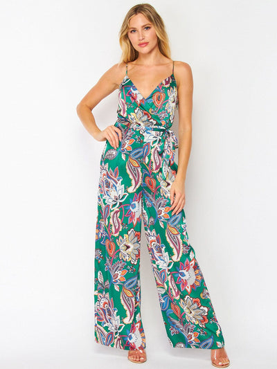 WOMEN'S SLEEVELESS SURPLICE MULTI PRINT WIDE LEG JUMPSUIT