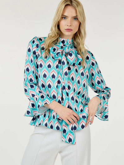 WOMEN'S LONG BELL SLEEVE TURTLE NECK MULTI PRINT BLOUSE TOP