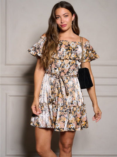 WOMEN'S OFF SHOULDER RUFFLE SELF TIE FLORAL MINI DRESS