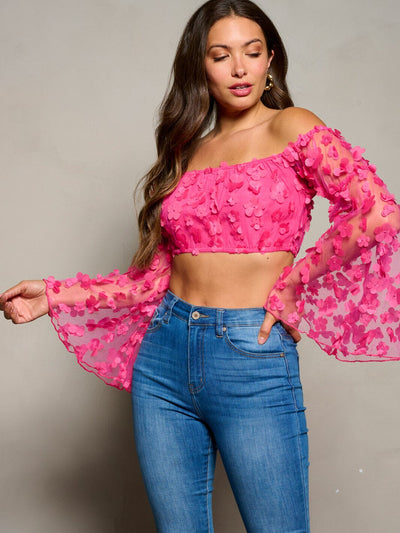 WOMEN'S LONG BELL SLEEVE OFF SHOULDER FLOWERS DETAILED CROP TOP