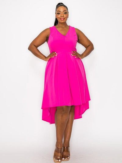 PLUS SIZE SLEEVELESS V-NECK HIGH-LOW MIDI DRESS