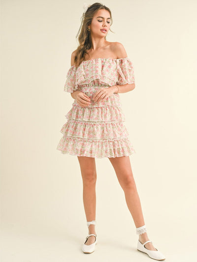 WOMEN'S OFF SHOULDER TIERED RUFFLE FLORAL MINI DRESS