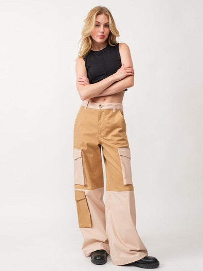 WOMEN'S BUTTON CLOSURE CARGO COLORBLOCK DENIM PANTS