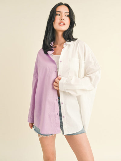 WOMEN'S LONG SLEEVE BUTTON UP COLORBLOCK OVERSIZED TOP