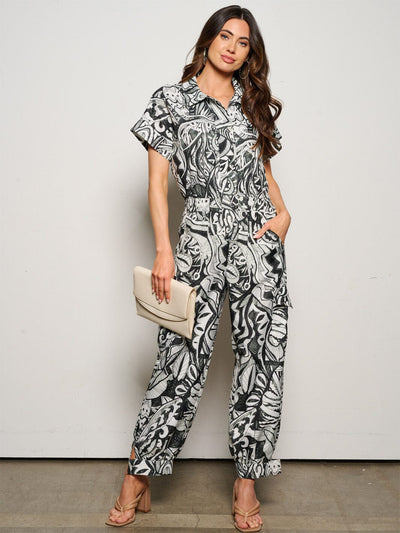 WOMEN'S SHORT PUFF SLEEVE BUTTON UP POCKETS MULTI PRINT JUMPSUIT