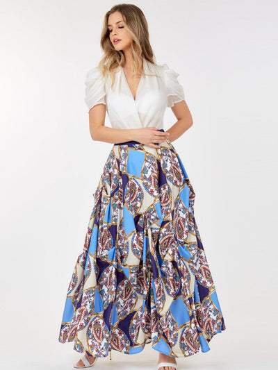 WOMEN'S ELASTIC WAIST MULTI PRINT DETAILED MAXI SKIRT