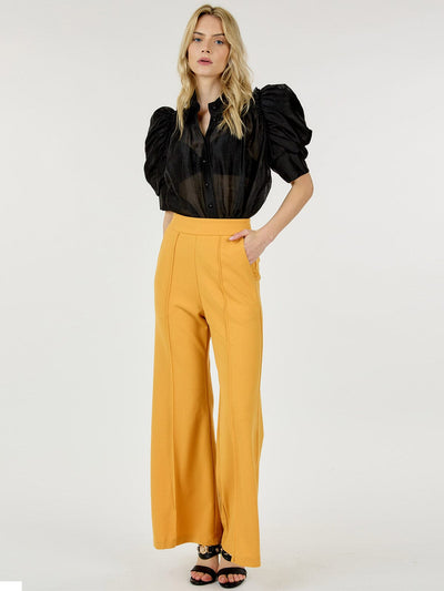 WOMEN'S BUTTON CLOSURE FRONT POCKETS WIDE LEG PANTS