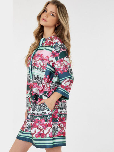 WOMEN'S LONG SLEEVE V-NECK POCKETS MULTI PRINT MINI DRESS