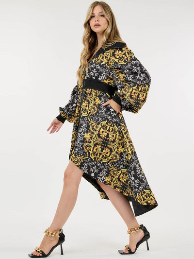 WOMEN'S LONG SLEEVE ZIP UP MULTI PRINT TUNIC POCKETS HIGH-LOW MIDI DRESS