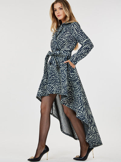 WOMEN'S LONG SLEEVE BUTTON CLOSURE POCKETS PRINTED HIGH-LOW MAXI DRESS