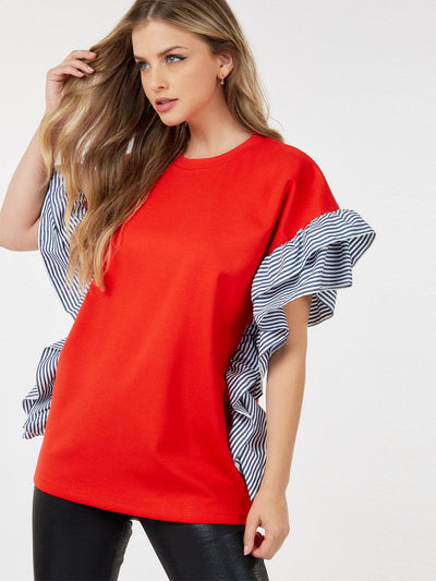 WOMEN'S SHORT SLEEVE RUFFLE TRIM DETAILED BLOUSE