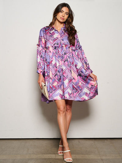 WOMEN'S LONG SLEEVE BUTTON UP MULTI PRINT TUNIC MINI DRESS