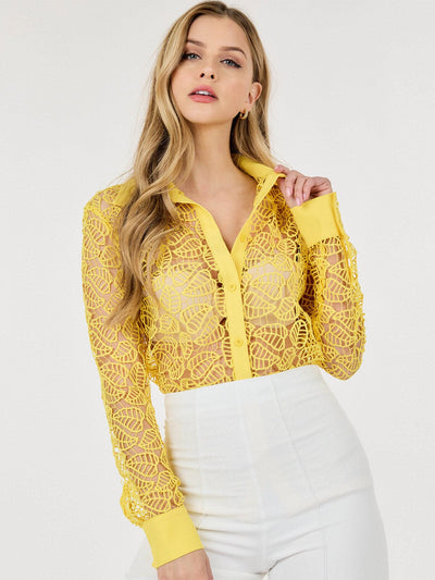 WOMEN'S LONG SLEEVE BUTTON UP DETAILED CROCHET BLOUSE