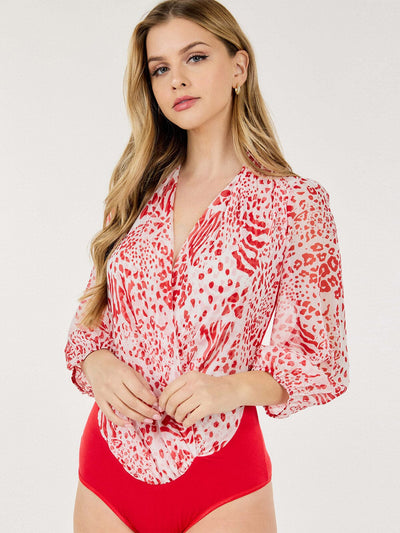 WOMEN'S 3/4 SLEEVE SURPLICE ANIMAL PRINT BODYSUIT