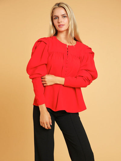 WOMEN'S LONG PUFF SLEEVE BUTTON CLOSURE BLOUSE