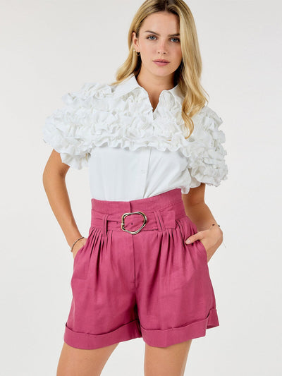 WOMEN'S BUTTON CLOSURE FRONT POCKETS BELTED SHORTS