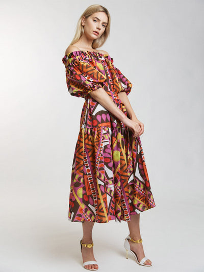 WOMEN'S SHORT SLEEVE OFF SHOULDER FRONT POCKETS BELTED MULTI PRINT MAXI DRESS