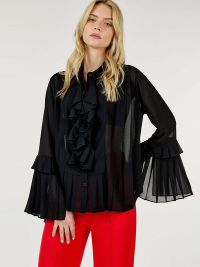 WOMEN'S LONG BELL SLEEVE BUTTON CLOSURE RUFFLE BLOUSE