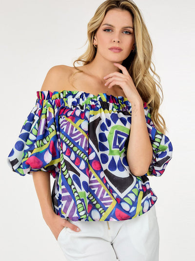 WOMEN'S SHORT PUFF SLEEVE OFF SHOULDER MULTI PRINT BLOUSE