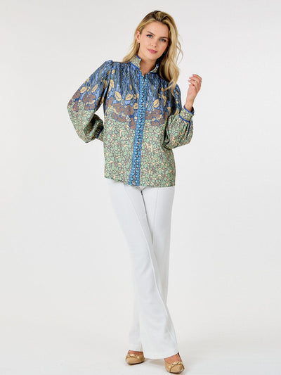 WOMEN'S LONG SLEEVE BUTTON UP MULTI PRINT BLOUSE