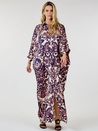 WOMEN'S LONG SLEEVE BUTTON UP TUNIC MULTI PPRINT MAXI DRESS