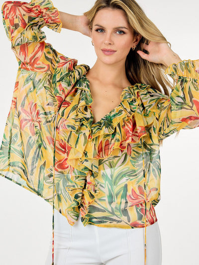 WOMEN'S LONG SLEEVE V-NECK RUFFLE BUTTON UP FLOWER PRINT BLOUSE