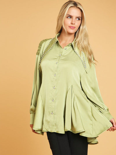 WOMEN'S LONG SLEEVE BUTTON UP STUDS DETAILED BLOUSE