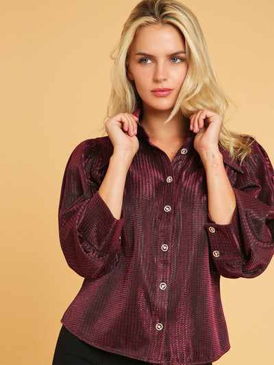 WOMEN'S 3/4 PUFF SLEEVE BUTTON UP SHIMMER BLOUSE