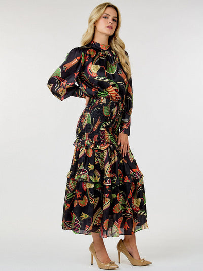 WOMEN'S LONG SLEEVE SMOCK TIERED FLORAL PRINT MAXI DRESS