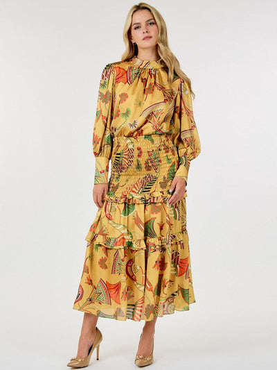 WOMEN'S LONG SLEEVE SMOCK TIERED FLORAL PRINT MAXI DRESS