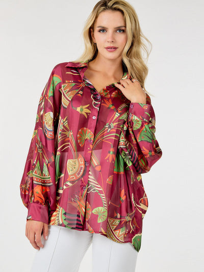 WOMEN'S LONG SLEEVE BUTTON UP MULTI PRINT BLOUSE