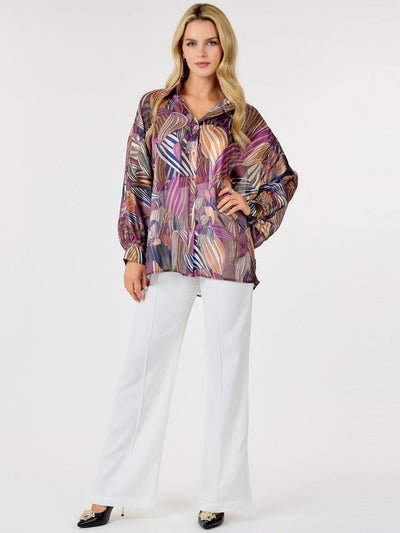 WOMEN'S LONG SLEEVE BUTTON UP MULTI PRINT BLOUSE