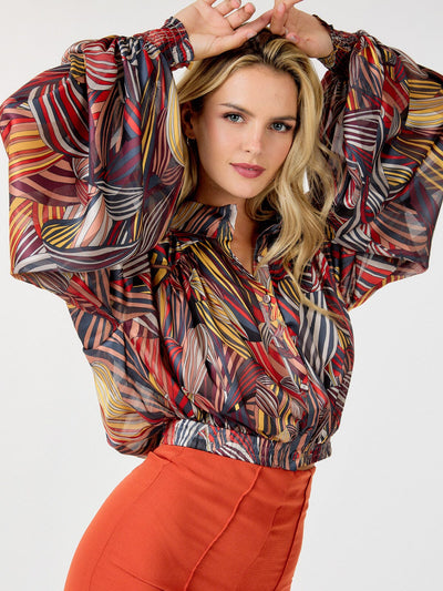 WOMEN'S LONG PUFF SLEEVE BUTTON UP MULTI PRINT BLOUSE