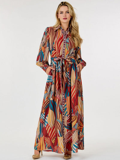 WOMEN'S LONG SLEEVE BUTTON UP FRONT POCKETS SELF TIE LEAF PRINT MAXI DRESS