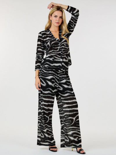 WOMEN'S LONG SLEEVE BUTTON UP TOP & ELASTIC WAIST PANTS ZEBRA PRINT 2PC.SET