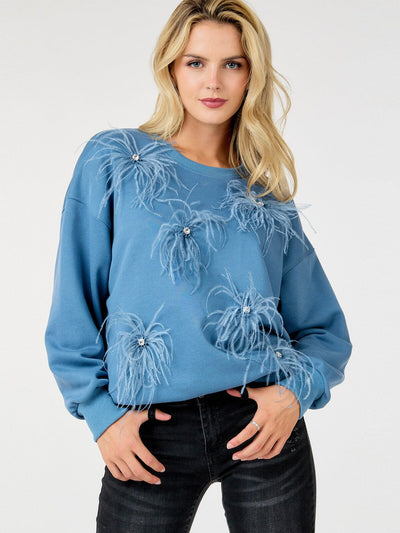 WOMEN'S LONG SLEEVES STUDS FEATHER DETAILED PULLOVER SWEATER