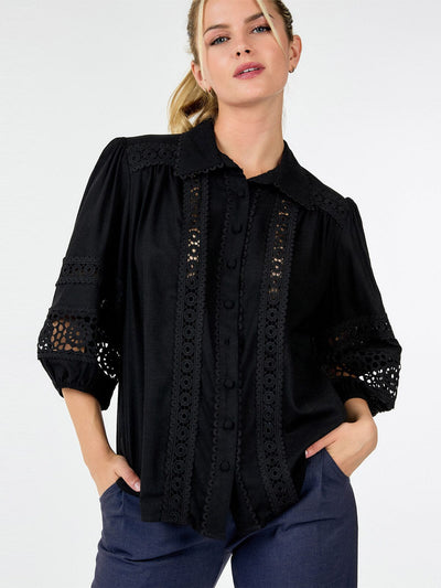 WOMEN'S LONG SLEEVE BUTTON CLOSURE CROCHET DETAILED BLOUSE