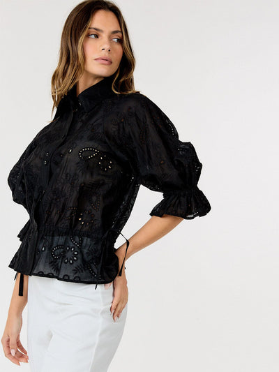 WOMEN'S SHORT PUFF SLEEVE BUTTON UP EYELET PEPLUM BLOUSE