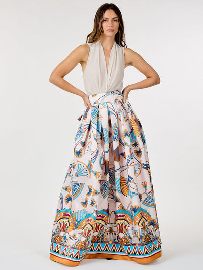 WOMEN'S ELASTIC WAIST SELF TIE MULTI PRINT MAXI SKIRT