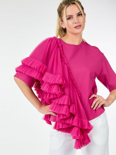 WOMEN'S SHORT SLEEVE RUFFLE TIERED DETAILED TOP