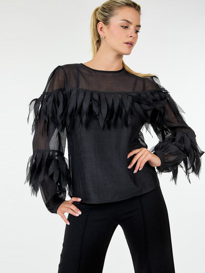 WOMEN'S LONG SLEEVE TIERED FRINGE BLOUSE