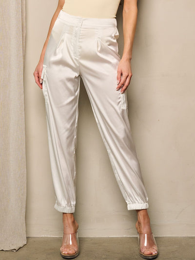 WOMEN'S HIGH WAIST CARGO POCKETS SATIN JOGGER PANTS