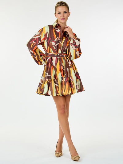 WOMEN'S LONG SLEEVE BUTTON UP BELTED MULTI PRINT MINI DRESS