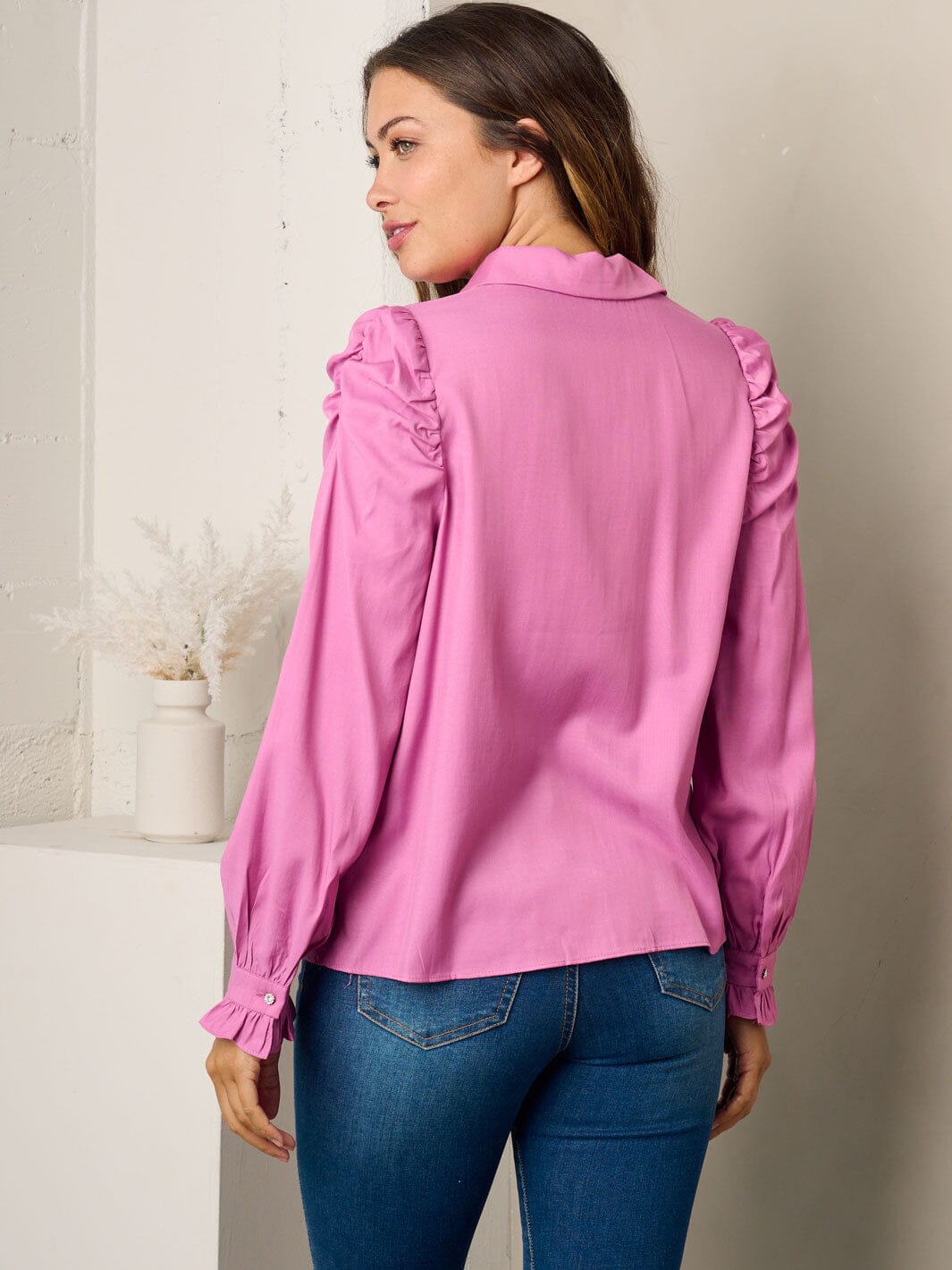 Womens Long Puff Sleeve Button Up Blouse Top 6548