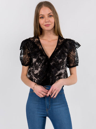 WOMENS SHORT SLEEVE RUFFLE V-NECK LACE BODYSUIT