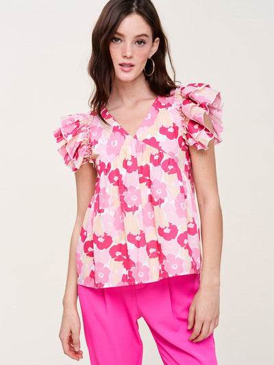 WOMENS SHORT SLEEVE V-NECK FLORAL RUFFLE BLOUSE TOP