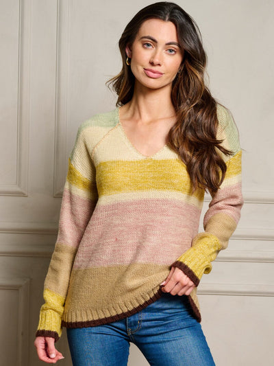 WOMEN'S LONG SLEEVE V-NECK COLORBLOCK STRIPES PULLOVER SWEATER