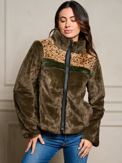 WOMEN'S LONG SLEEVE POCKETS ZIP UP SHERPA ANIMAL PRINT JACKET