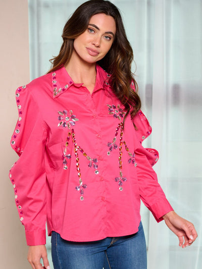 WOMEN'S LONG SLEEVE BUTTON UP STUDS DETAILED BLOUSE TOP